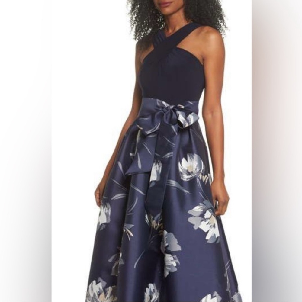 Eliza J Sleeveless Cross Top Floral Gown